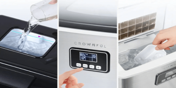 the ice-making process including adding water, turning on the machine, and taking ice